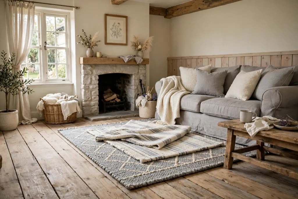 Cottage room with layered wool rugs over wide plank wood floors.