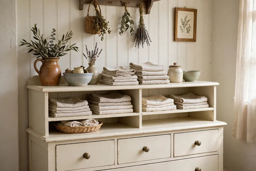 Painted cottage dresser in cream with pottery and linens on display.