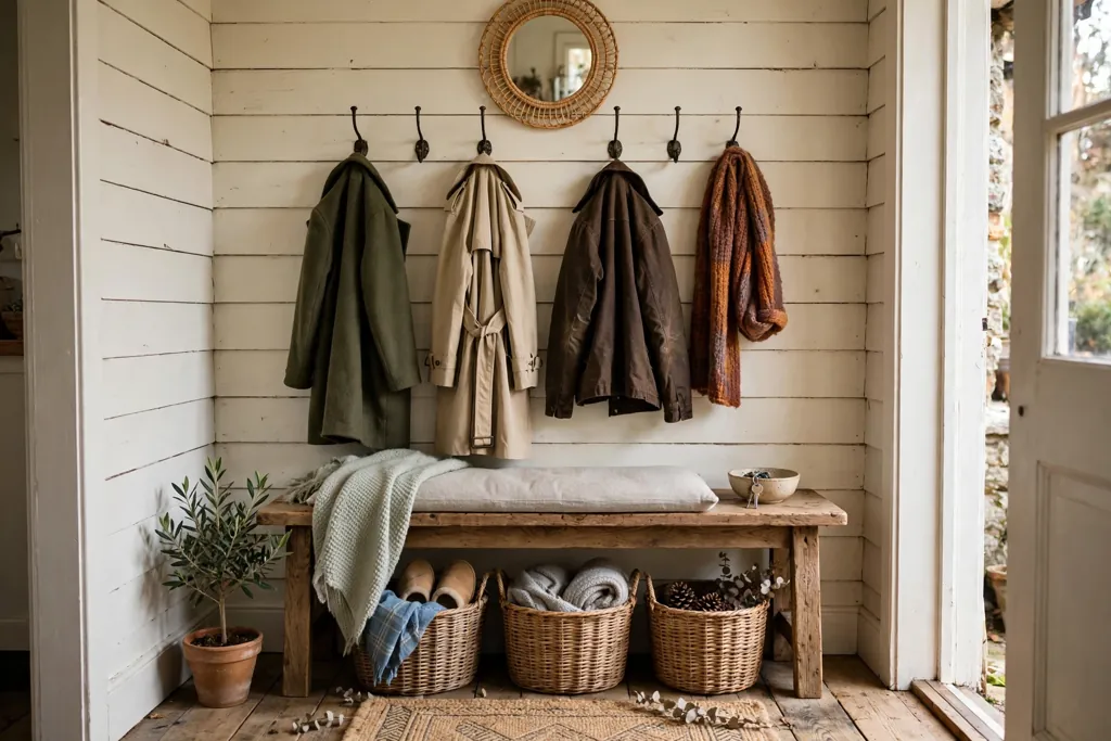 Cottage entry nook with a wood bench, wall hooks, and woven baskets.