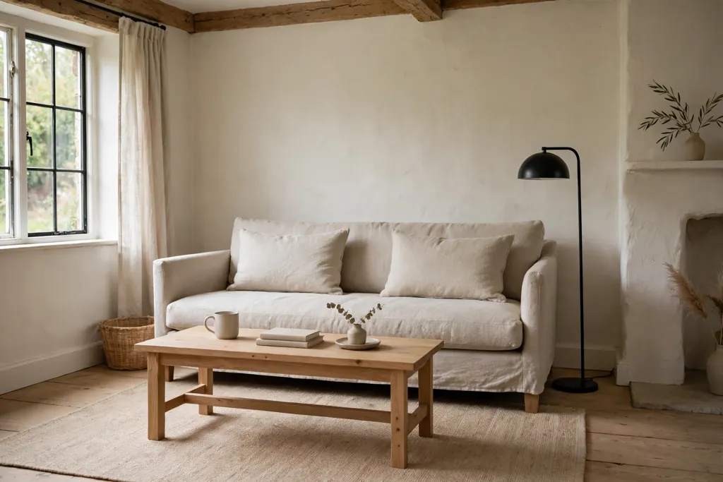 Cottage living room with a pared back sofa in oatmeal linen and a plain rug.