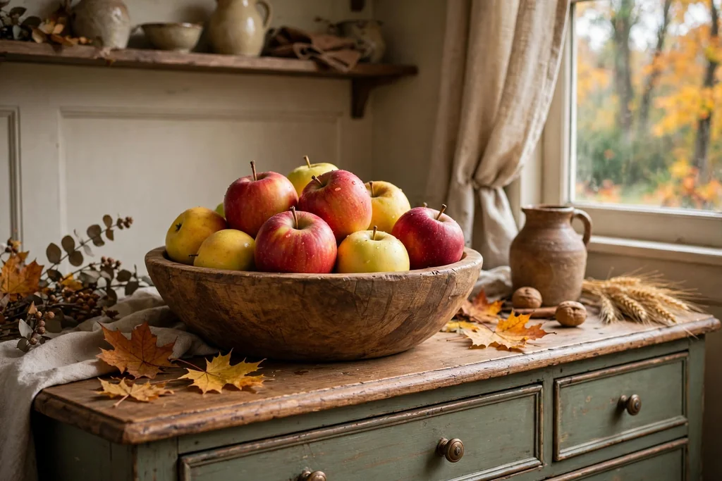 Wood bowl of apples on a kitchen dresser in autumn.