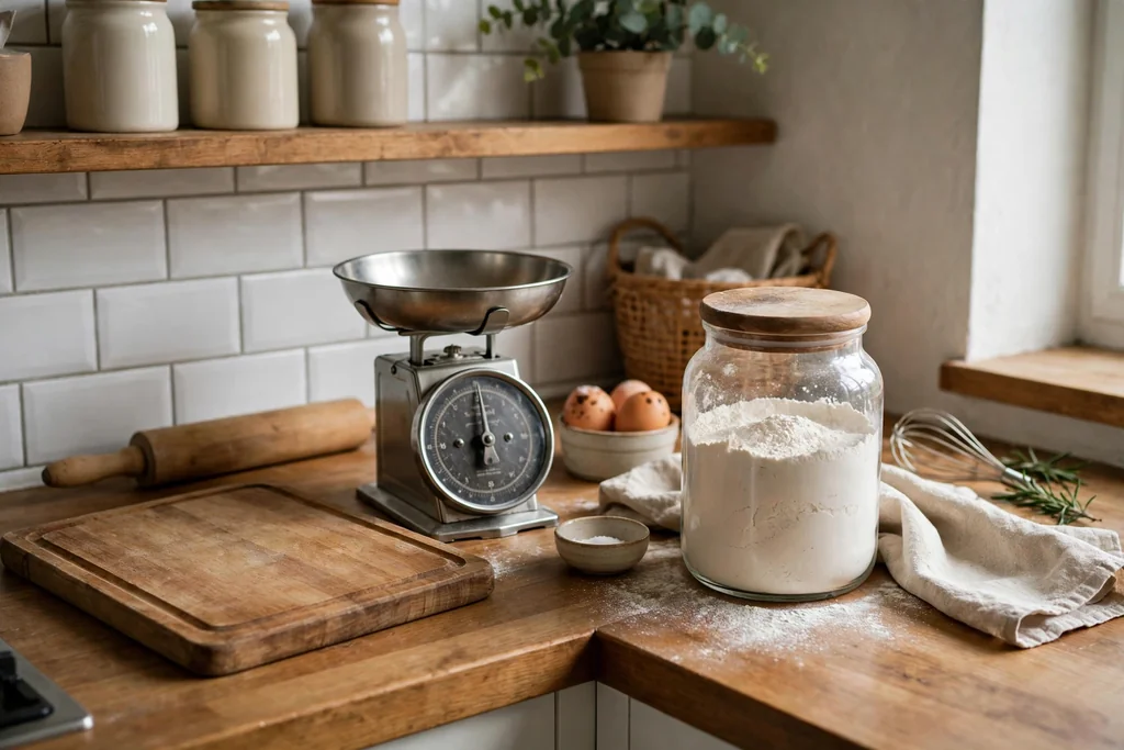 Kitchen baking corner with a board, scales, and flour jar.