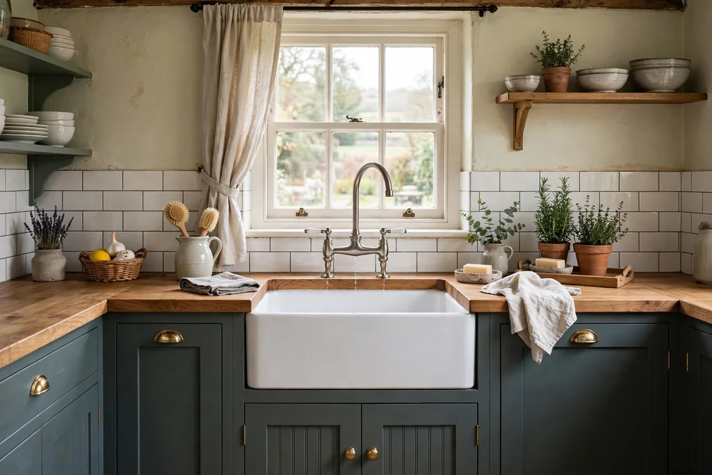 Belfast sink with a bridge tap in a cottage kitchen.