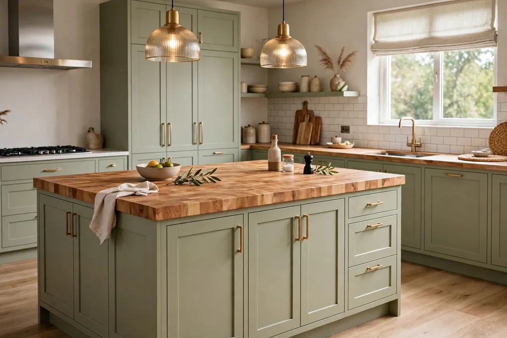 Kitchen island with a butcher block wood top.