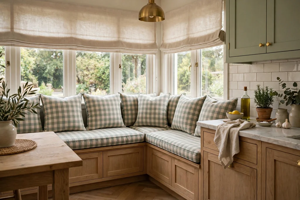 Banquette with muted check cushions in a kitchen.