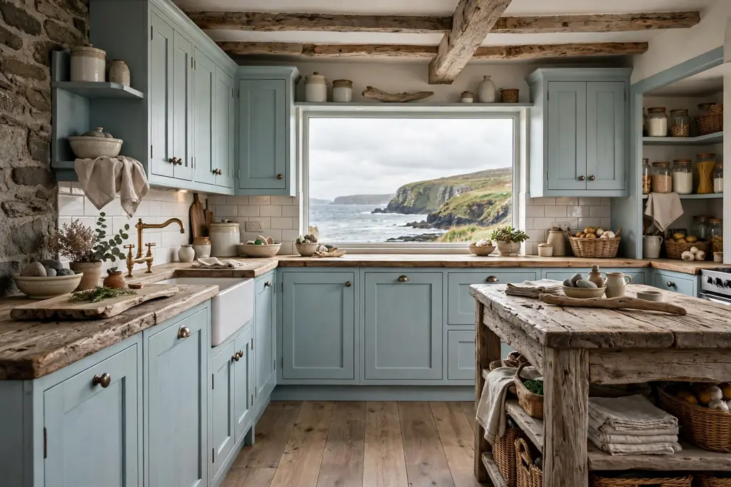 Coastal Irish kitchen with pale blue cabinets and driftwood tones.