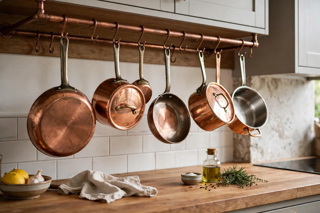 Copper pot rail with hanging pans over a kitchen worktop.
