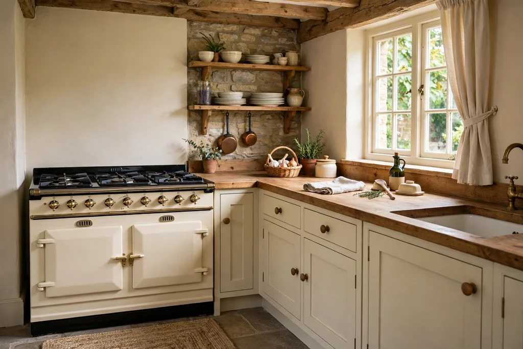 Cream range cooker in a cottage kitchen with worktop beside it.
