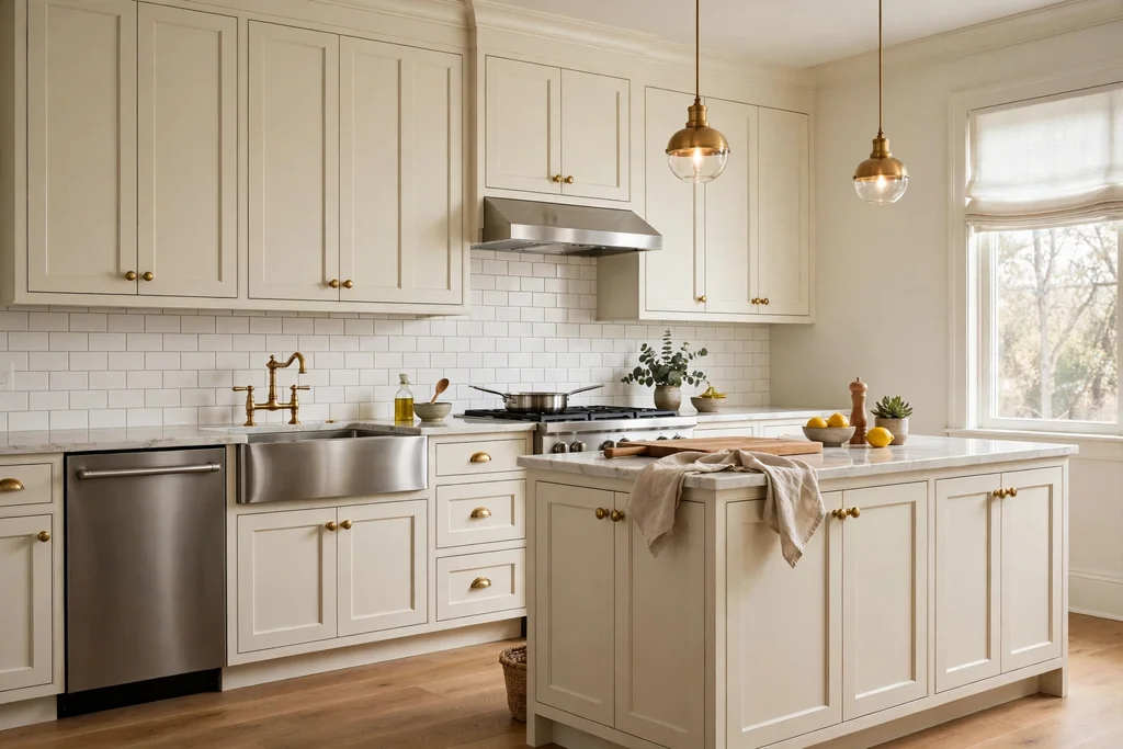 Kitchen with cream Shaker cabinets and brass knobs.