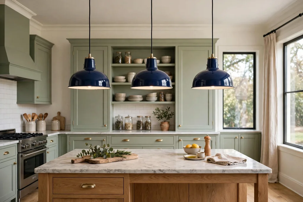 Enamel pendant lights over a kitchen island.
