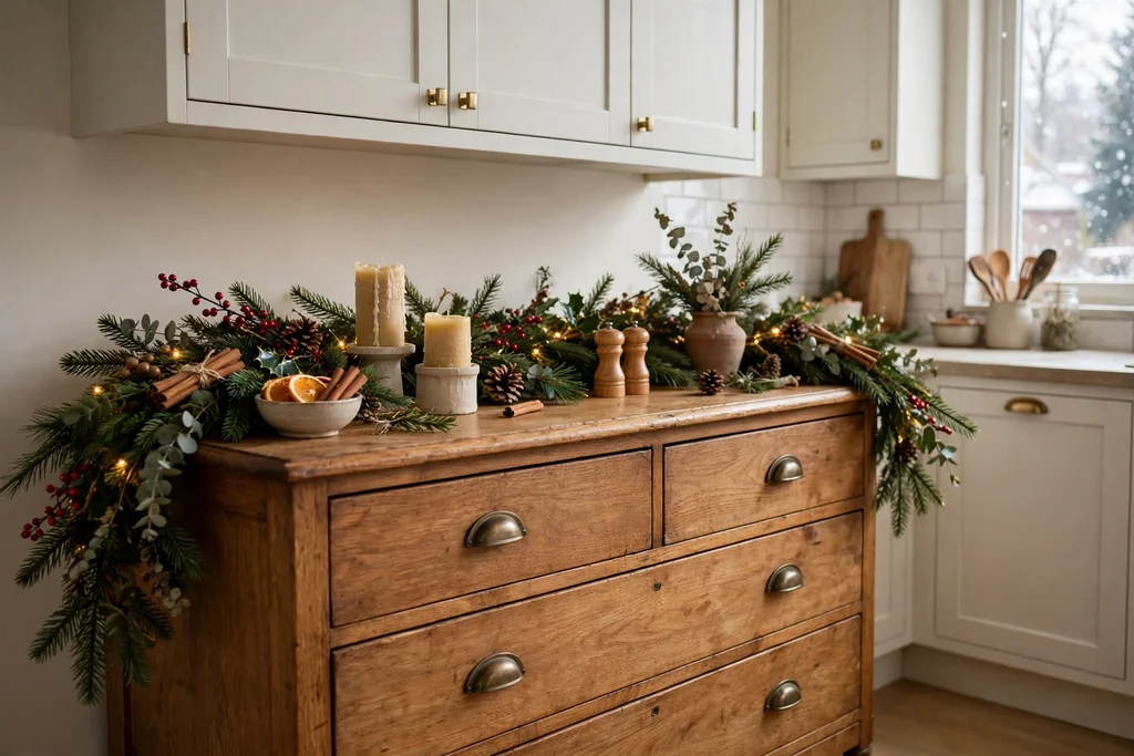 Dresser top with an evergreen garland at Christmas.