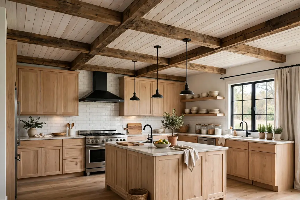 Kitchen with exposed wood beams and a pale plank ceiling.