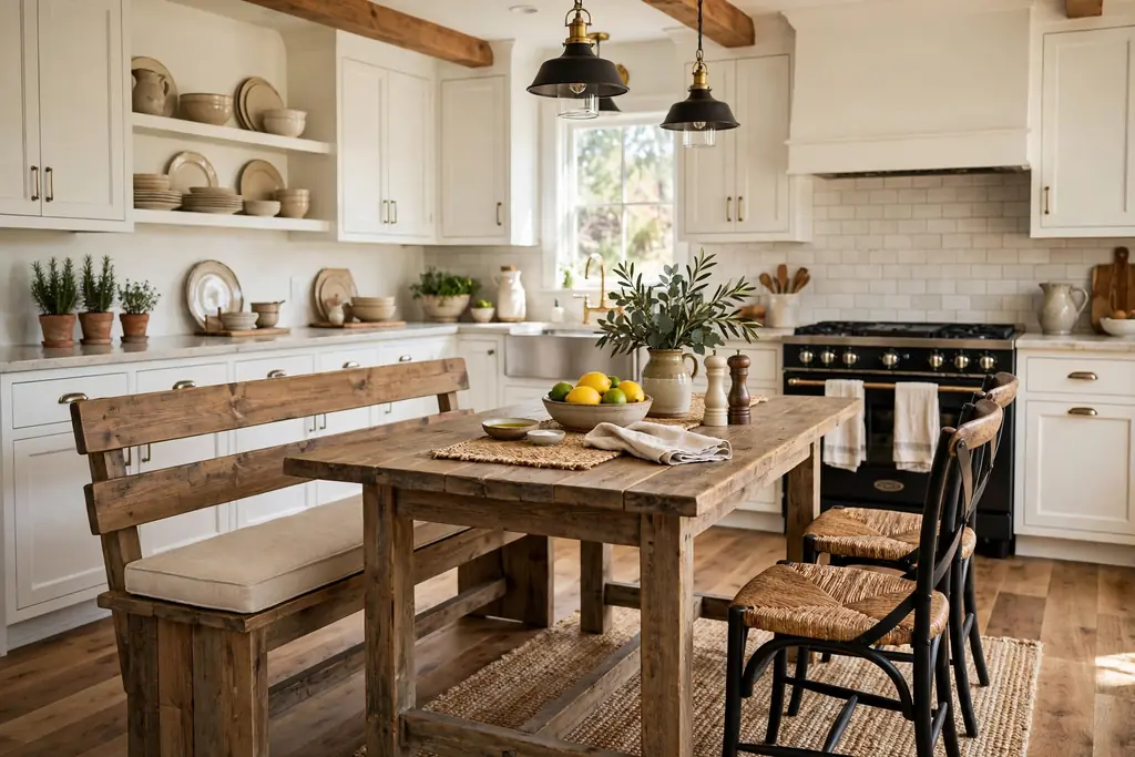 Farmhouse table with bench seating in a kitchen.