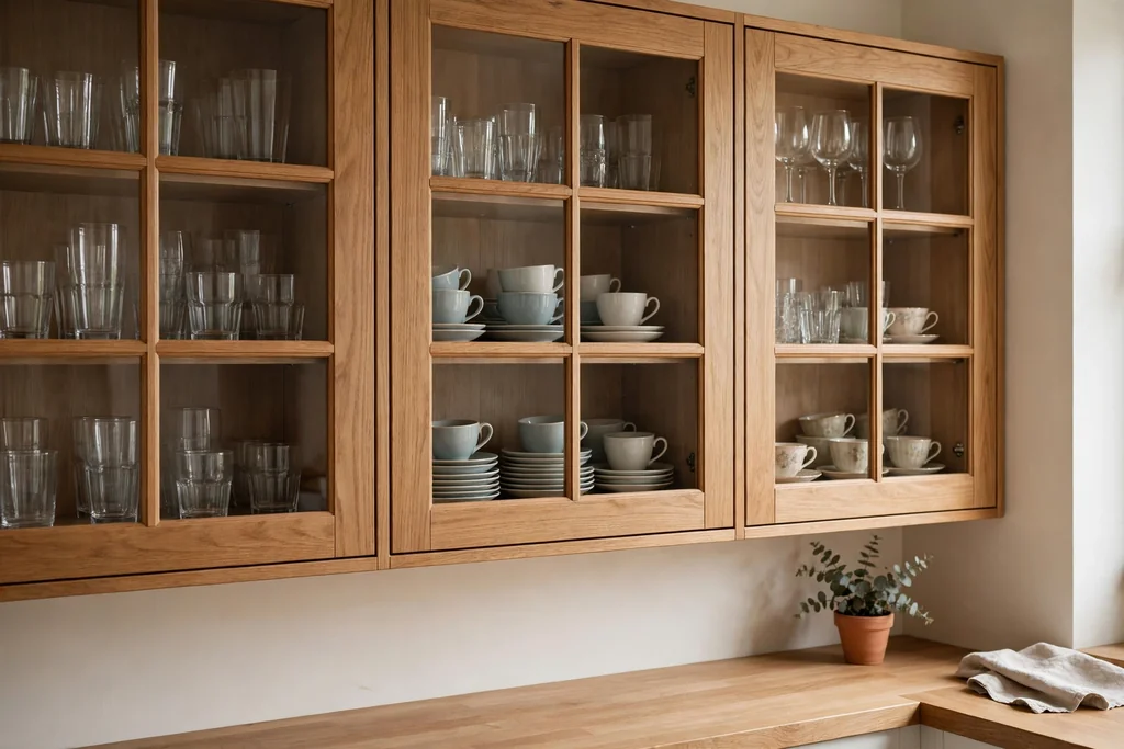 Glass-front kitchen cabinets holding glasses and teacups.
