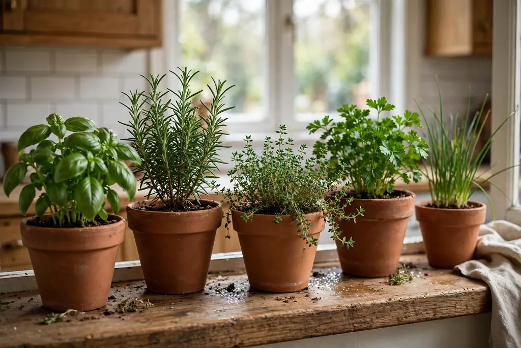 Kitchen windowsill with terracotta pots of herbs.