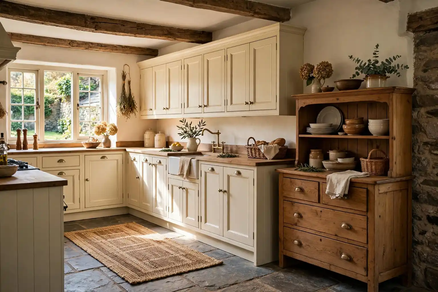Wide Irish cottage kitchen with cream cabinets, a wood dresser, and warm daylight.