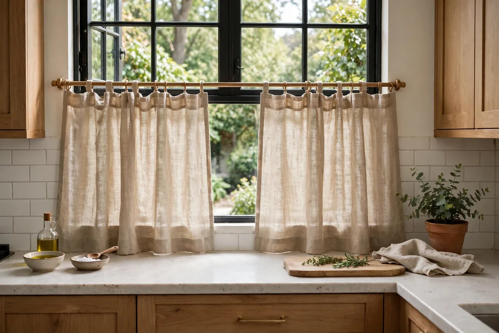 Kitchen window with natural linen cafe curtains.