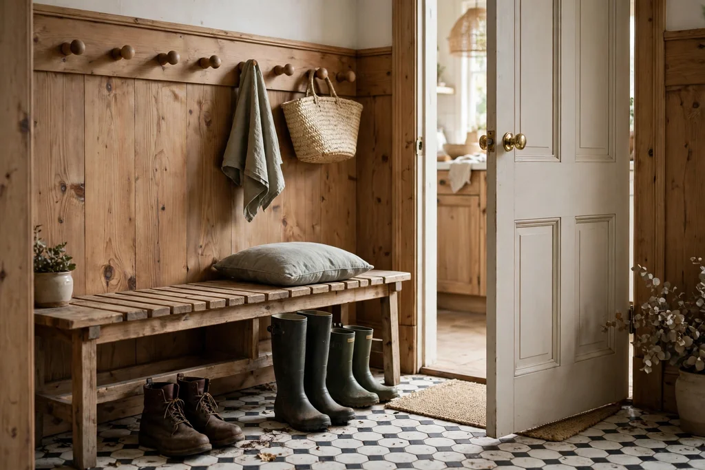 Kitchen door area with wood peg hooks, a bench, and boots.