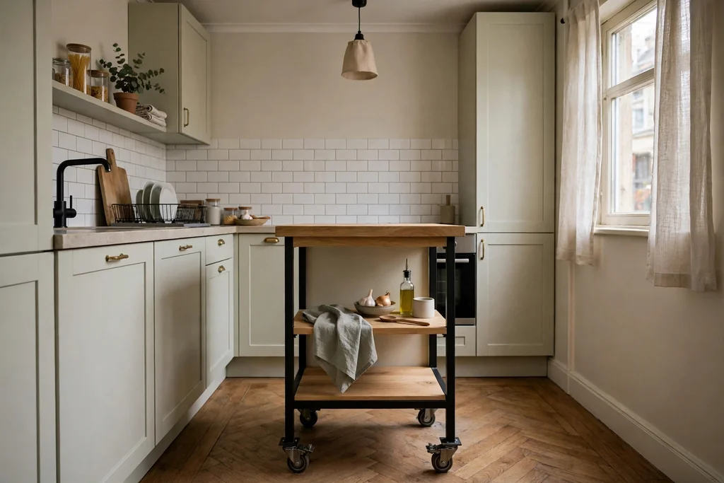 Narrow kitchen island on castors in a small kitchen.
