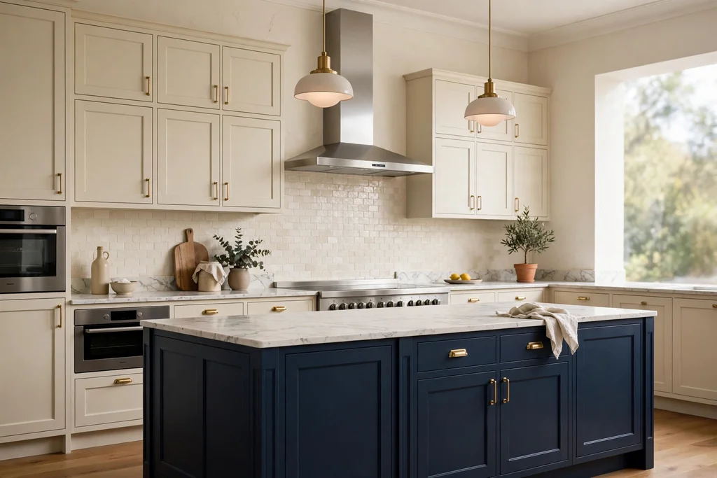 Kitchen with a deep navy island and cream wall units.