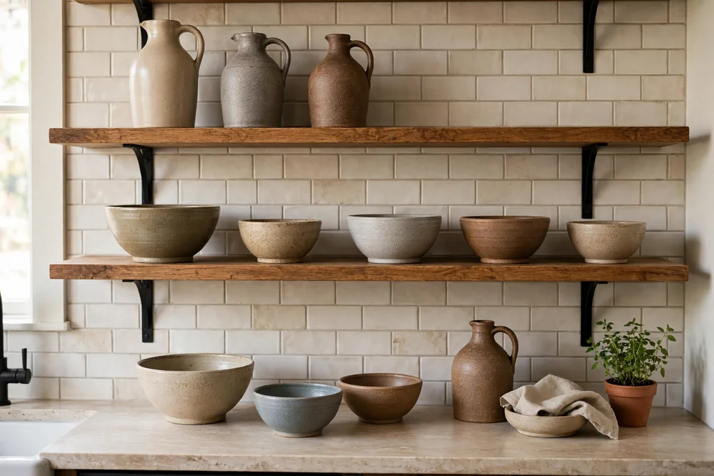 Open kitchen shelves with stoneware bowls and jugs.