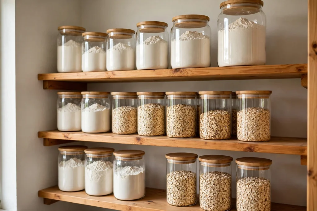 Kitchen pantry shelves with glass jars of flour and oats.