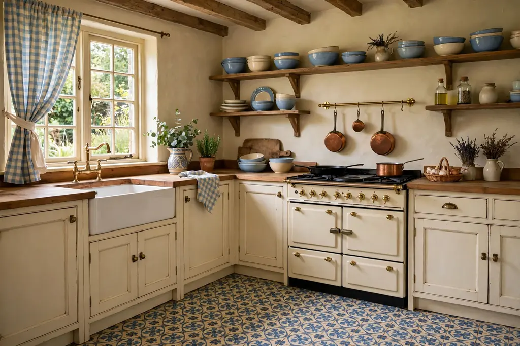 Cottage kitchen with patterned floor tiles in blue and cream.