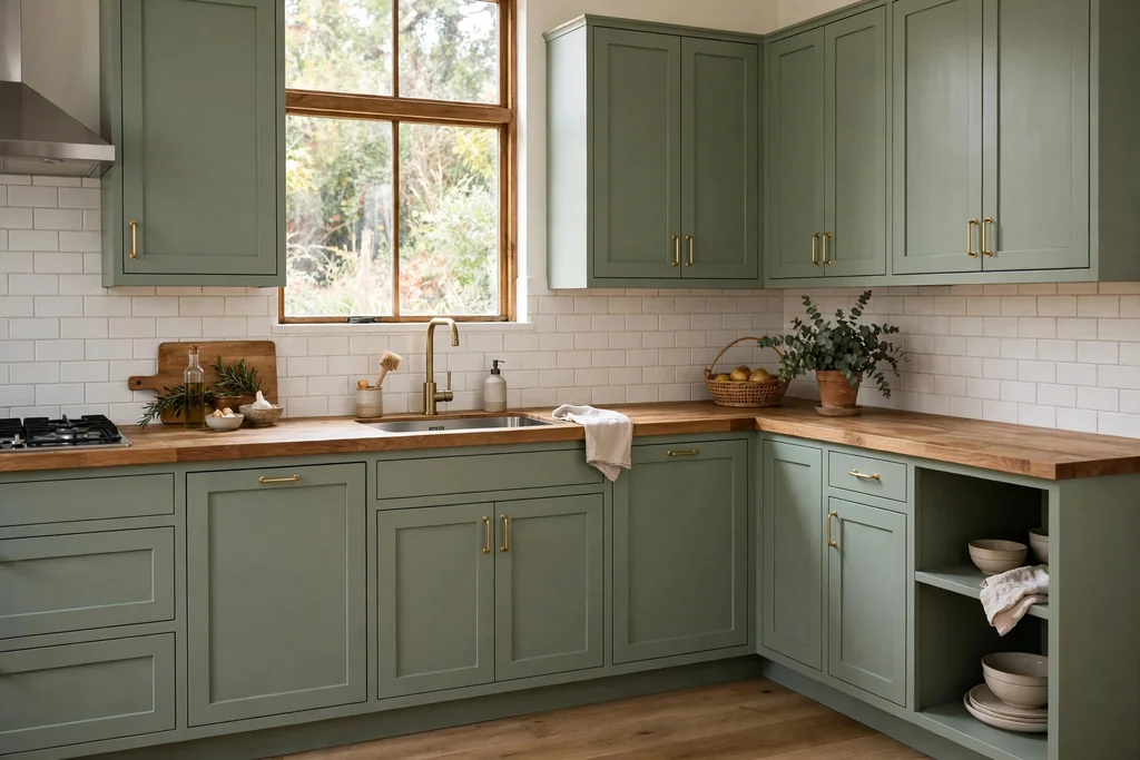 Kitchen with sage green cabinets and a wood worktop.