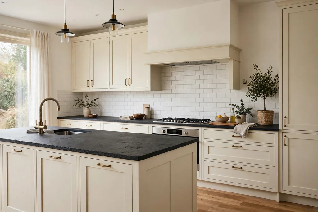Kitchen with a dark slate worktop and cream units.