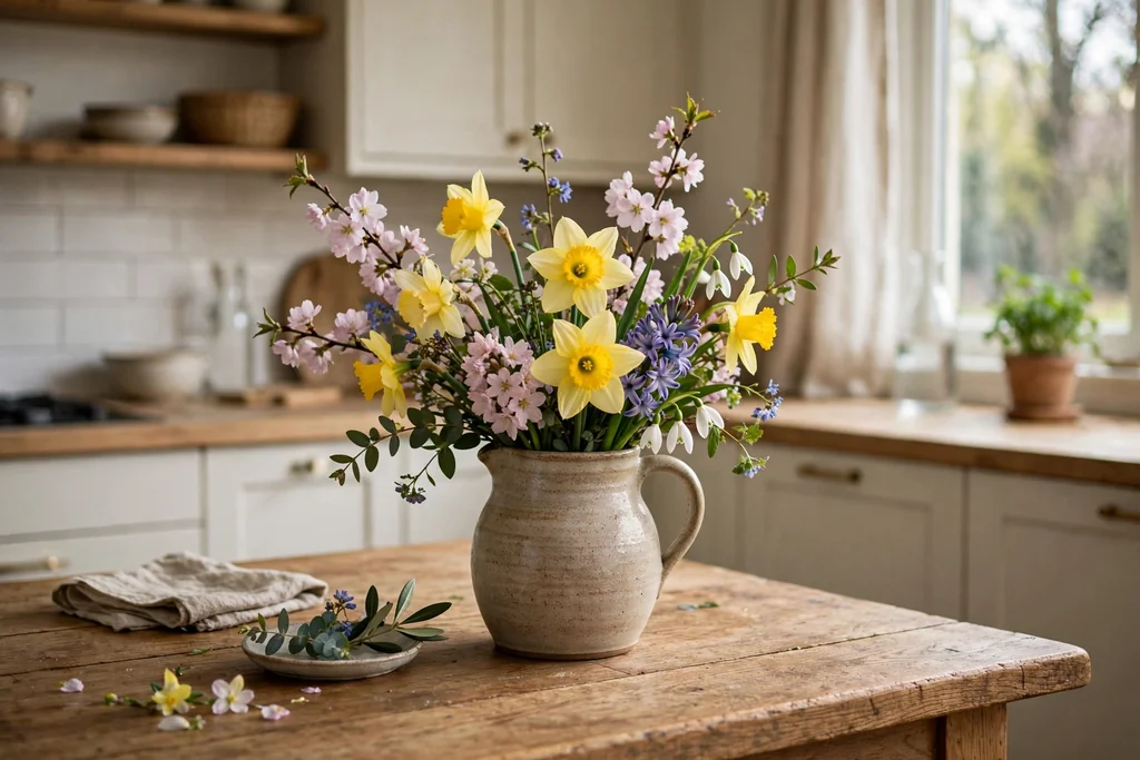 Kitchen table with a jug of spring flowers.