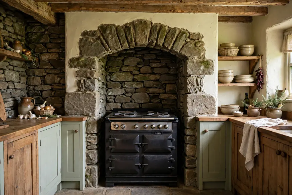 Stone alcove around a cooker in a cottage kitchen.
