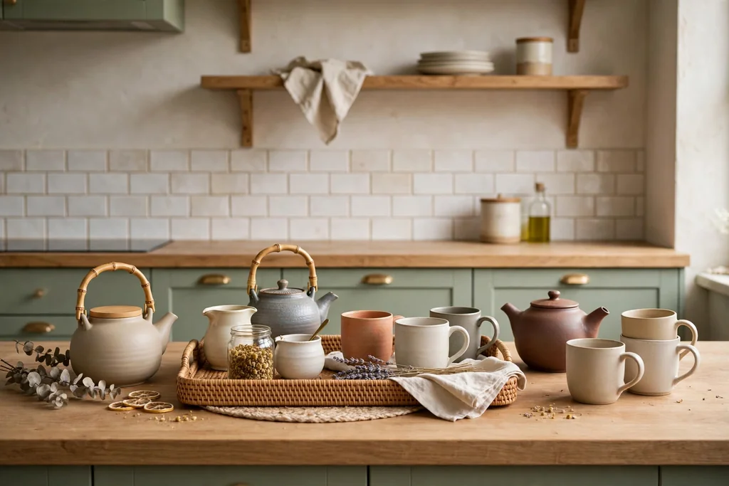 Kitchen tea station with teapots, mugs, and a tray.