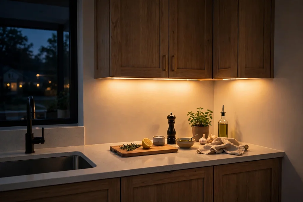 Kitchen worktop lit by warm under-cabinet lighting.
