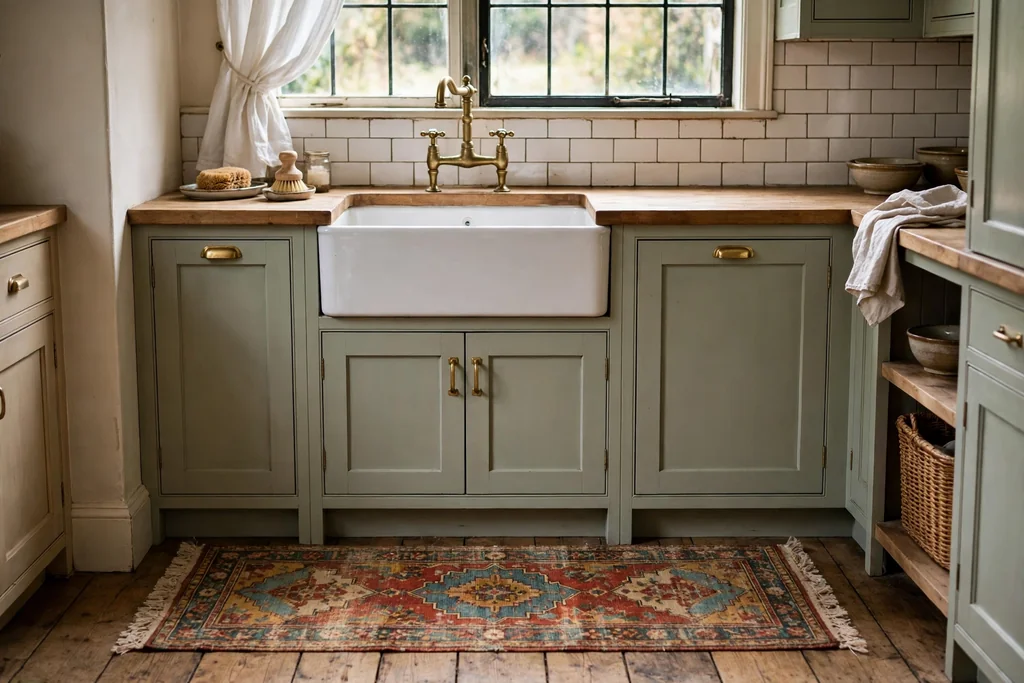 Vintage style rug runner by a kitchen sink.