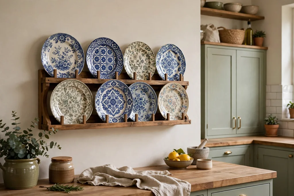 Wall plate rack holding patterned plates in a kitchen.