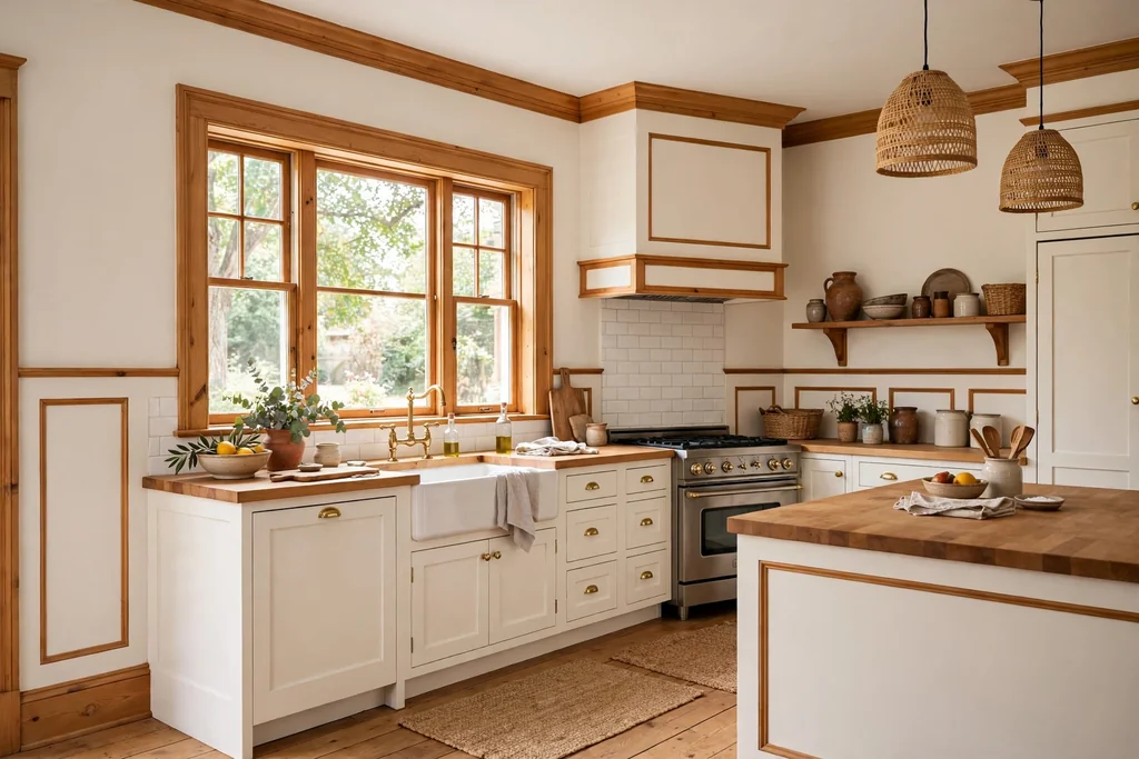 Kitchen with warm white walls and painted wood trim.