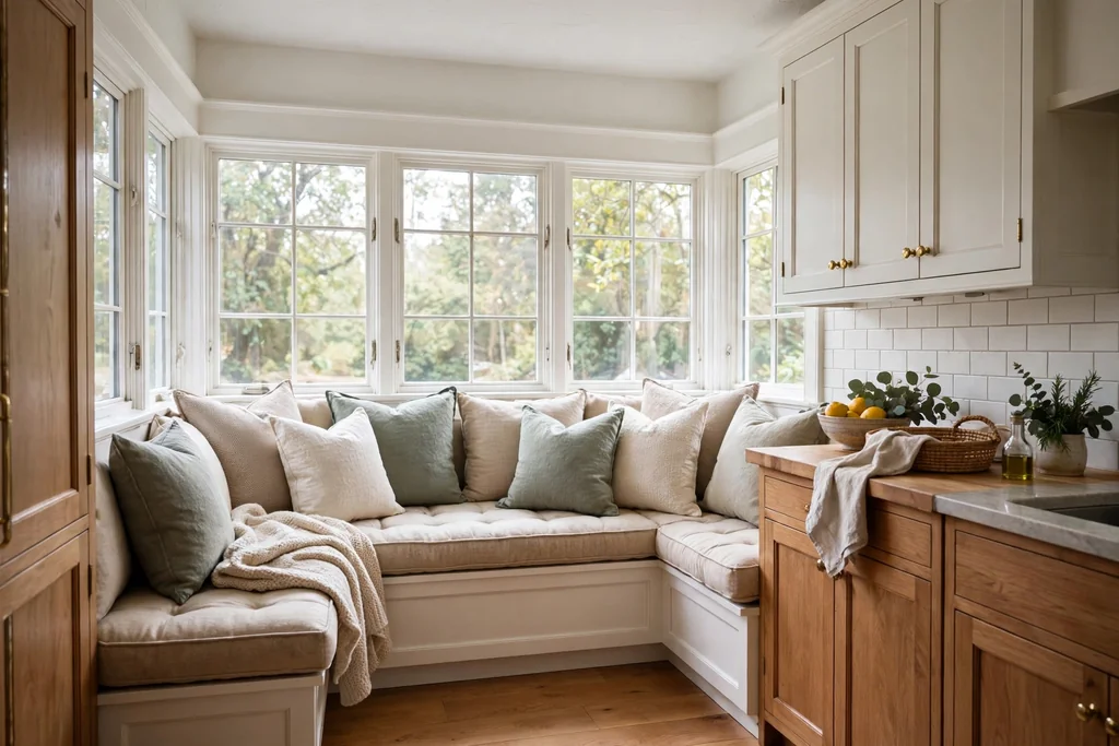 Window banquette seating with cushions in a kitchen corner.