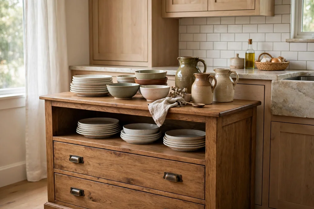 Wood dresser in a kitchen holding plates, bowls, and jugs.