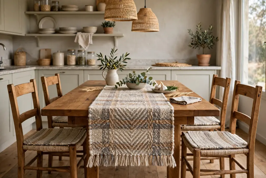 Kitchen table with a woven wool runner and woven seat pads.
