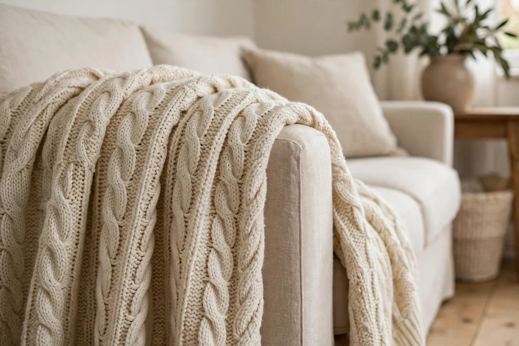 Cream Aran knit throw with a cable pattern draped over a sofa arm.