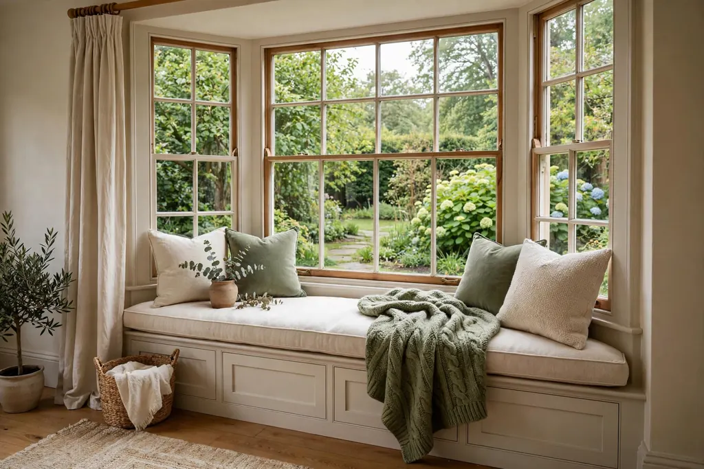 Bay window seat with a thick cushion and a wool throw.