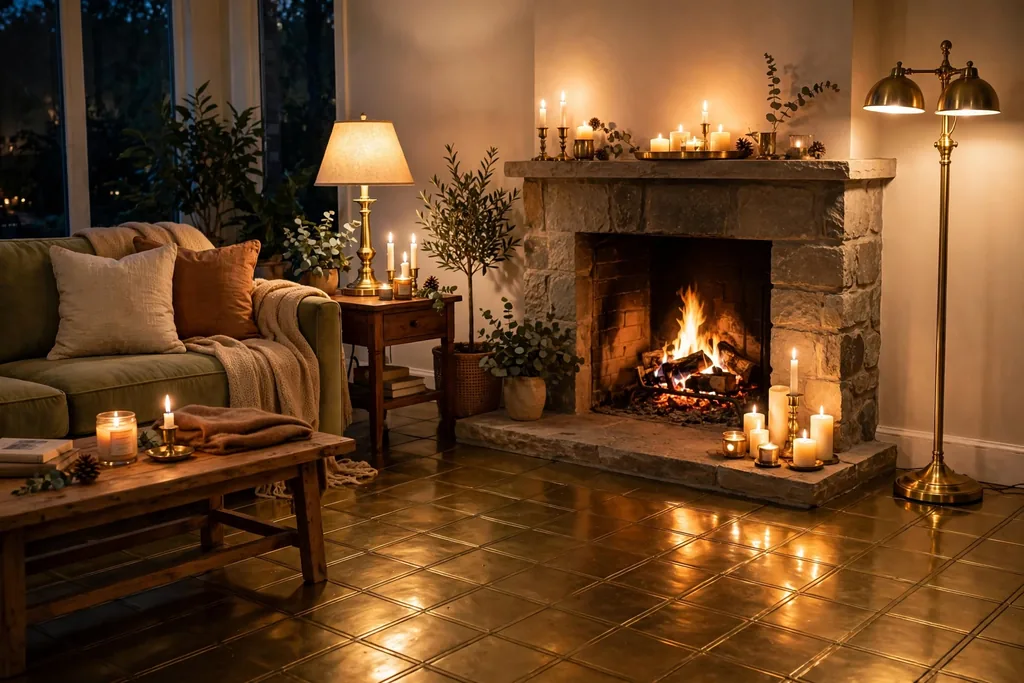 Living room in the evening with brass lamps and candles.