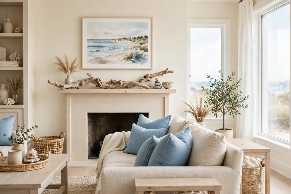 Bright living room with sea blue cushions and a coastal print.