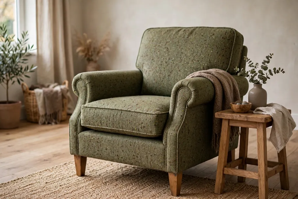 Donegal tweed armchair in muted green and brown flecks beside a side table.