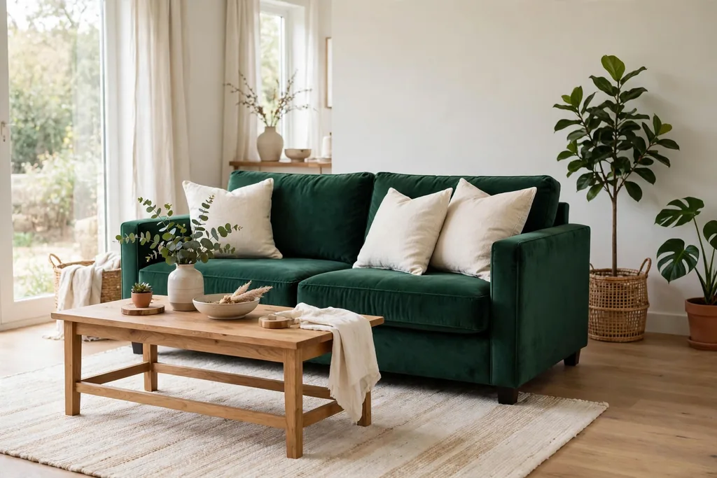 Deep emerald sofa with cream cushions and a wood coffee table.