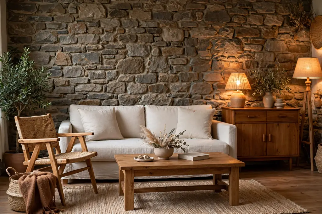 Living room with an exposed stone wall behind a plain sofa.