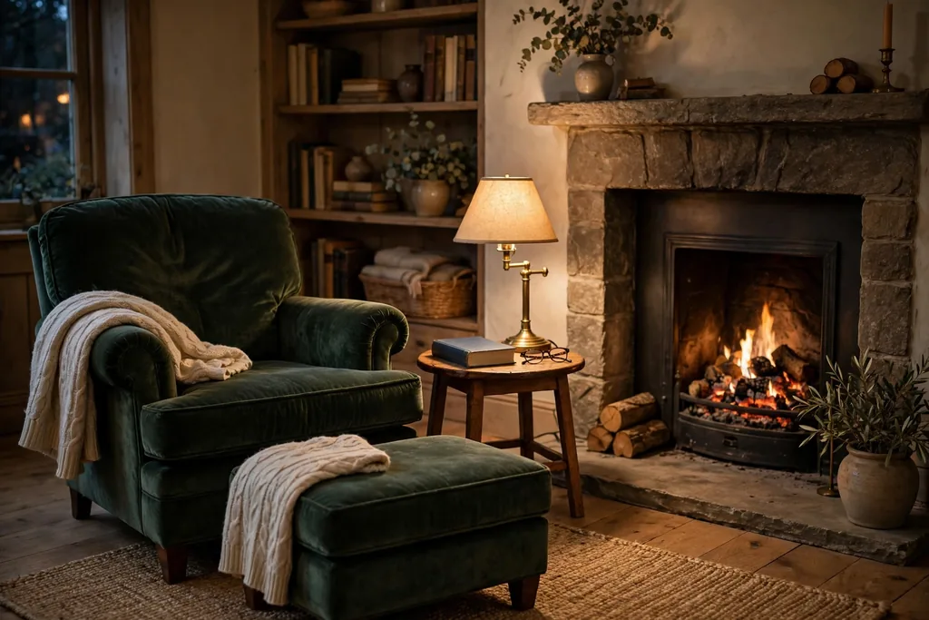 Deep fireside reading chair with a footstool beside a side table.