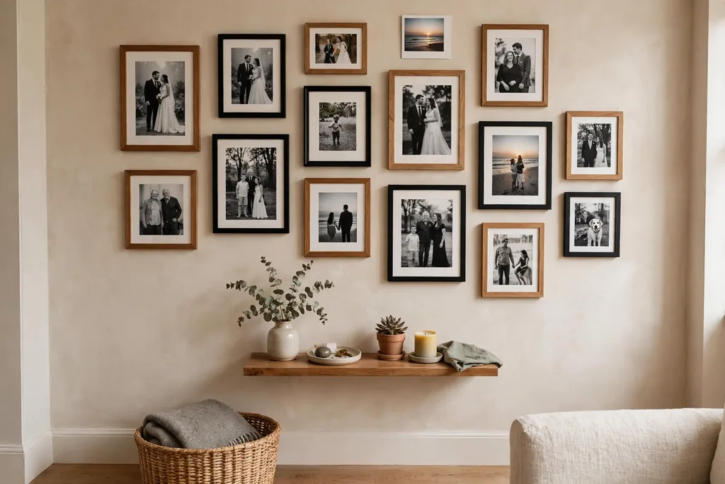 Wall of framed family photos above a small shelf.