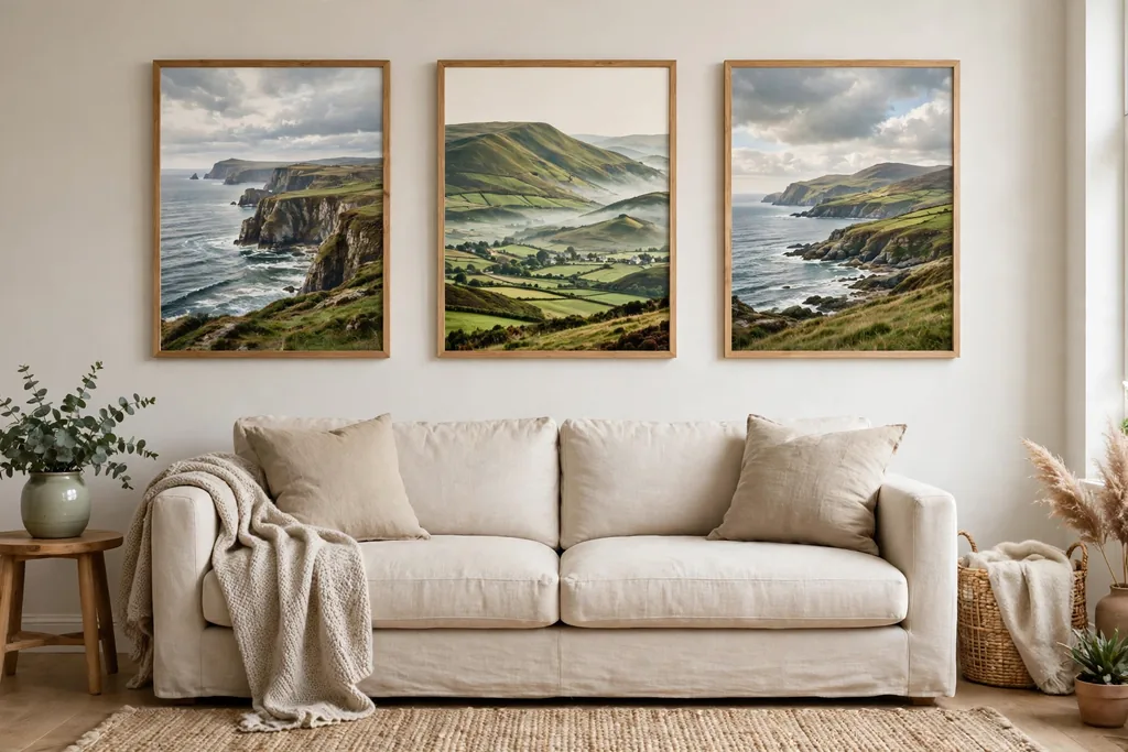 Living room wall with framed Irish landscape prints above a sofa.