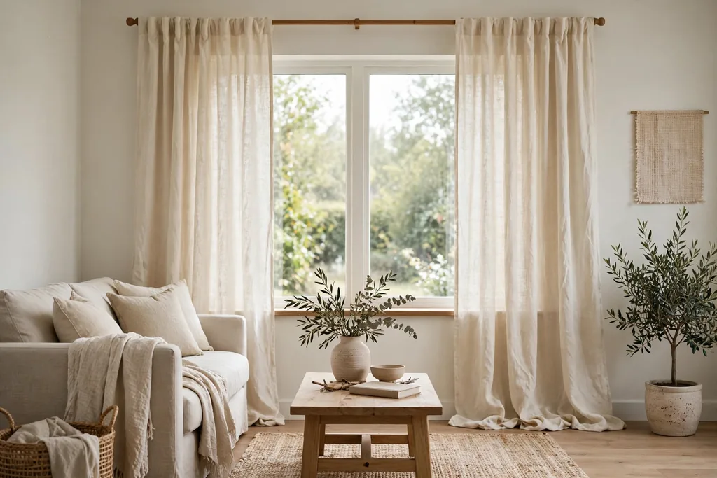 Living room window dressed with natural linen curtains.
